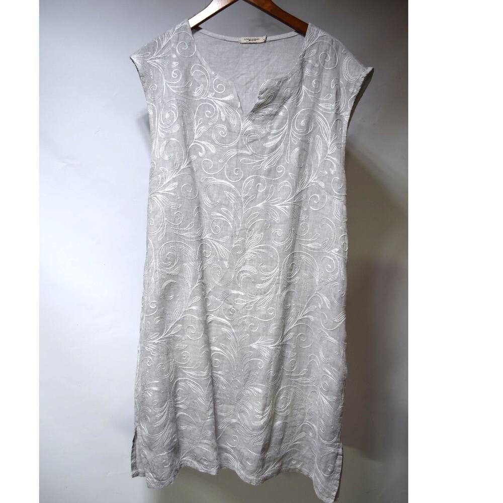 Lungo L'Arno Italian Linen Midi Dress Gray White Embroidered Floral Scrollwork L